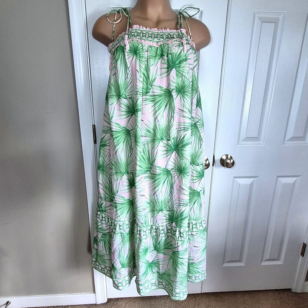 Crown & Ivy palm tree linen maxi dress pink green tassels sewing down south XL